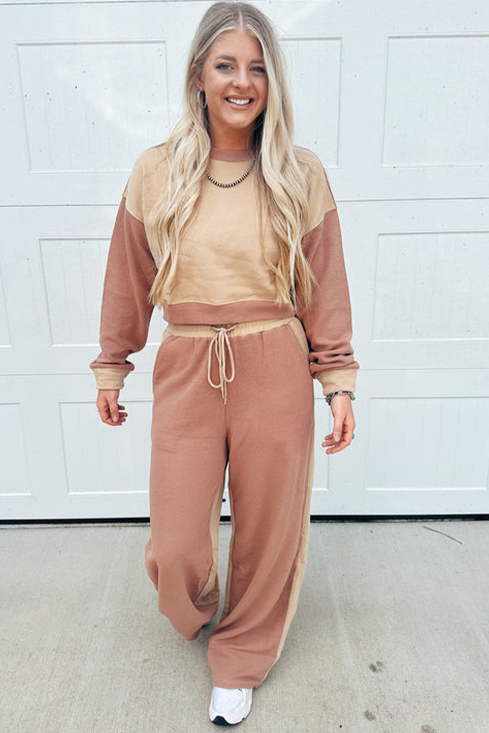 Premium Khaki Color Block Long Sleeve Crop Top Drawstring Pants Set Dear-Lover Dropshipping